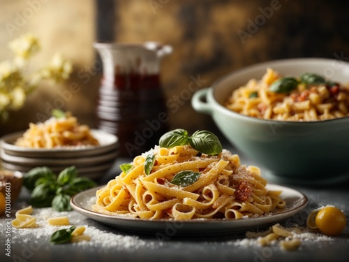 Delicious Italian pasta, food photography, studio lighting and background, famous noodle dish from Italy
