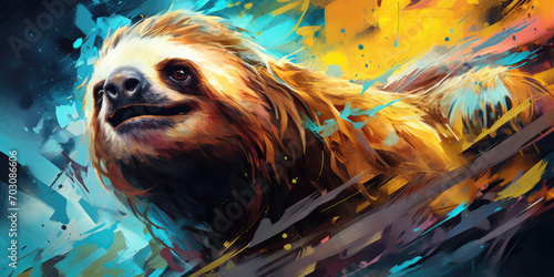 a colorful sloth painting on canvas, generative AI photo