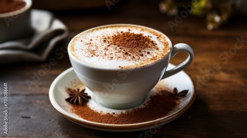 Frothy cappuccino adorned with cocoa powder, a visual treat