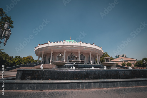 Panoramic picture of Amir Timur museum in Tashkent, Uzbekistan, fountain front photo