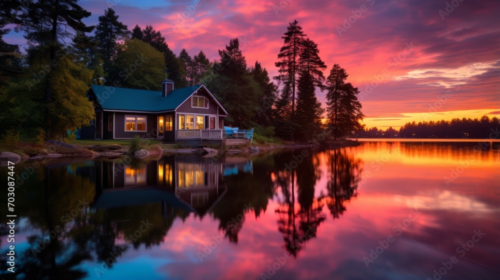 Fototapeta premium Peaceful lakeside cottage with a colorful sunset reflected on the water