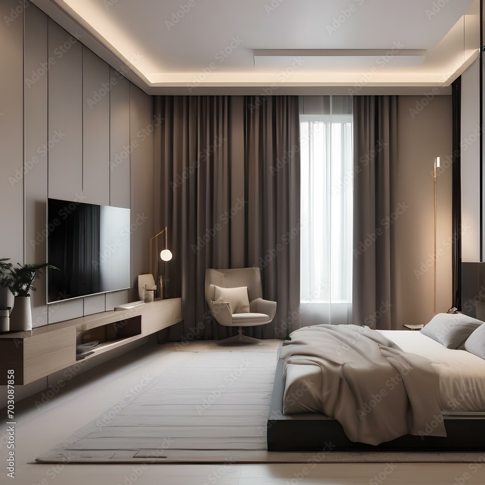 A minimalist bedroom with a platform bed, clean lines, and a neutral color palette2