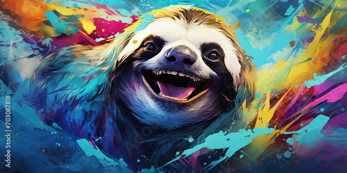 a colorful sloth painting on canvas, generative AI photo