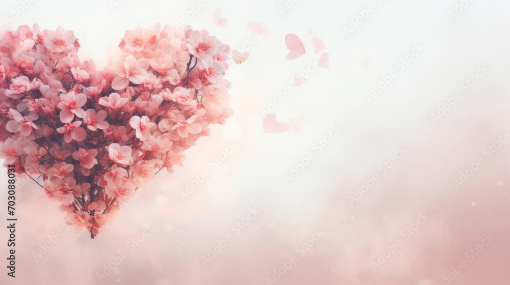 Delicate heart-shaped cherry blossoms floating in a dreamy pink fog for a romantic atmosphere.
