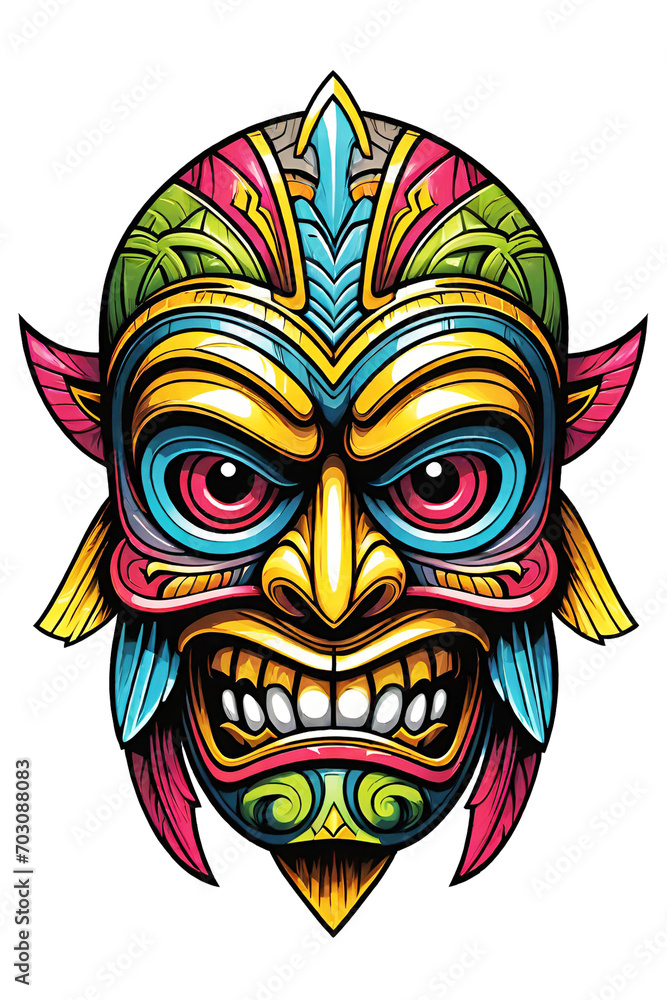 Tiki tribal mask with ethnic ornaments design on transparent background