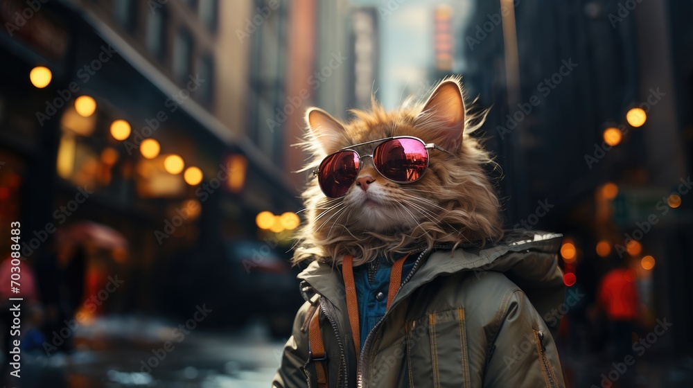 kitty wearing sunglasses and walking in city. - obrazy, fototapety, plakaty 