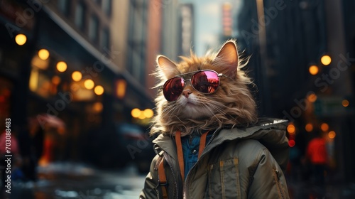 kitty wearing sunglasses and walking in city. photo