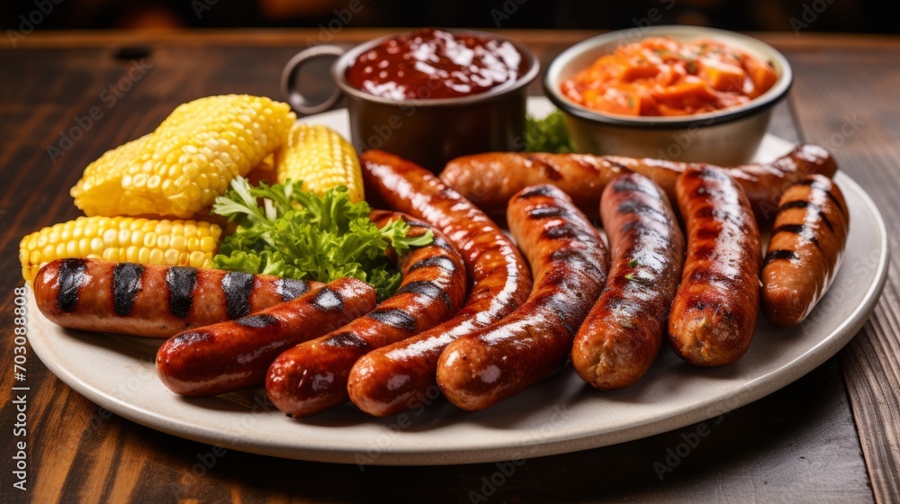 Grilled sausages on a plate with BBQ themed sides, a complete meal Grilled sausages on a plate with BBQ themed sides, a complete meal