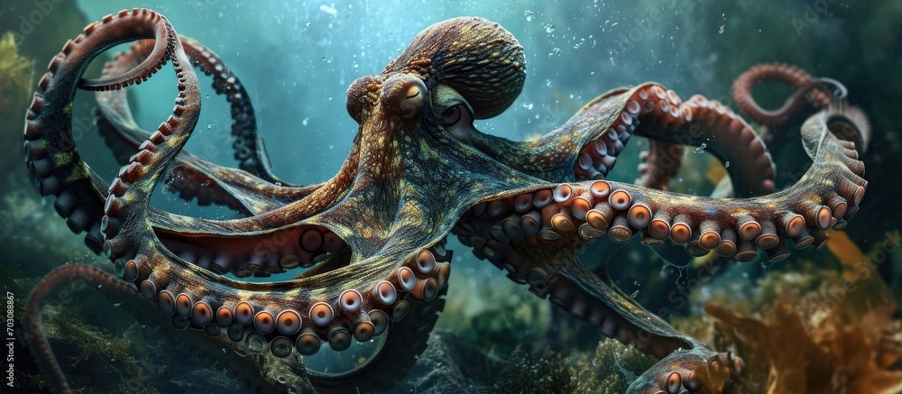 The giant octopus expels water forcefully to swim using the reactive principle. The giant octopus expels water forcefully to swim using the reactive principle.