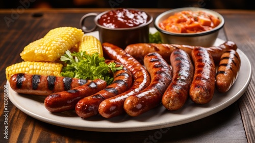 Grilled sausages on a plate with BBQ themed sides, a complete meal