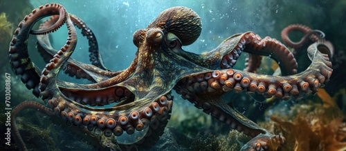 The giant octopus expels water forcefully to swim using the reactive principle. photo