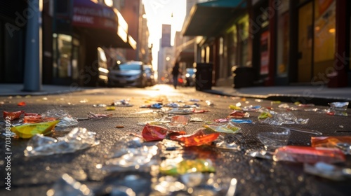 Littered streets with dropped candy wrappers