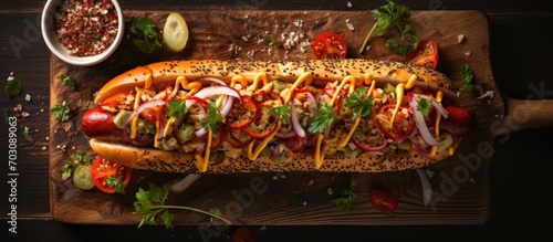 Bird's-eye view of a German-inspired hot dog with toppings on a wooden picnic table.