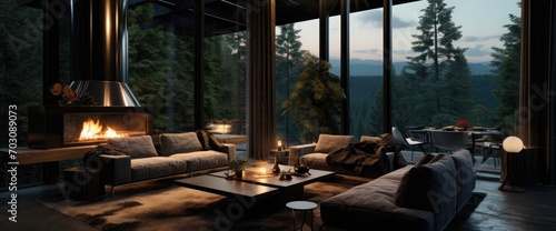 chic modern design of a dark expensive interior of a luxurious country house with huge panoramic windows and a magnificent view of the divine forest