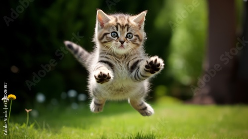Playful kitty attempting a flying leap with legs akimbo photo
