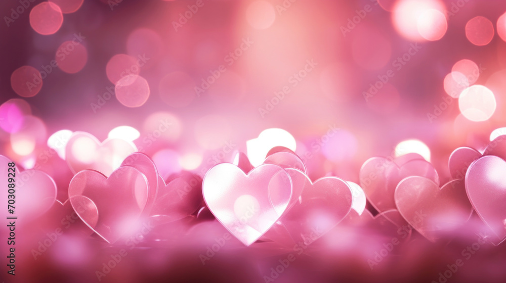 Dreamlike background with pink hearts and bokeh light, expressing love and romance.