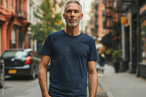 Urban style clothing mockup with middle-aged man in navy t-shirt 