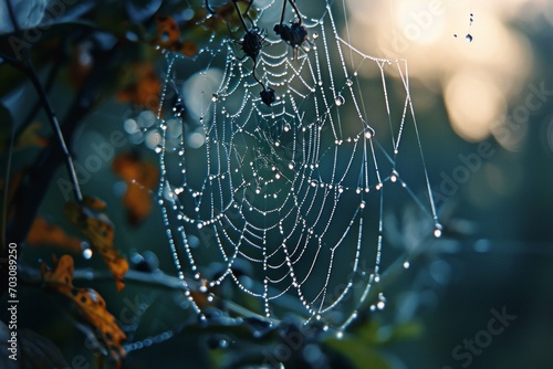 Intricate spider web glistening with dew against a blurred natural background, highlighting the artistry of nature.