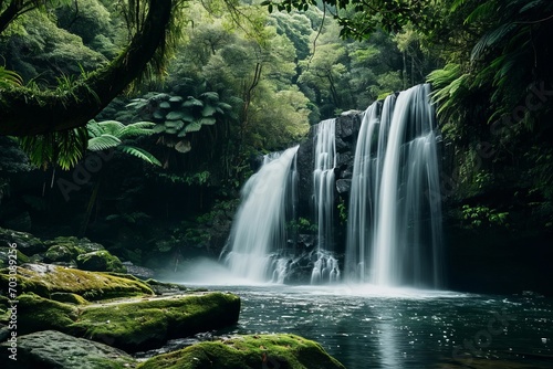 Majestic waterfall cascading into a tranquil forest pond  surrounded by lush green foliage and moss-covered rocks.  