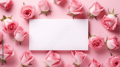 White empty card surrounded by beautiful pink rose blossoms on a pastel background.