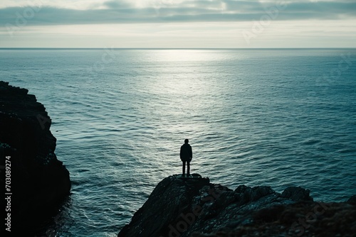 Lone figure standing on a cliff overlooking the ocean, capturing a moment of contemplation and solitude.