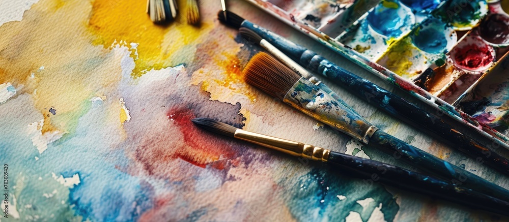 Fototapeta premium Creating art using watercolor paints and brushes in a creative environment.