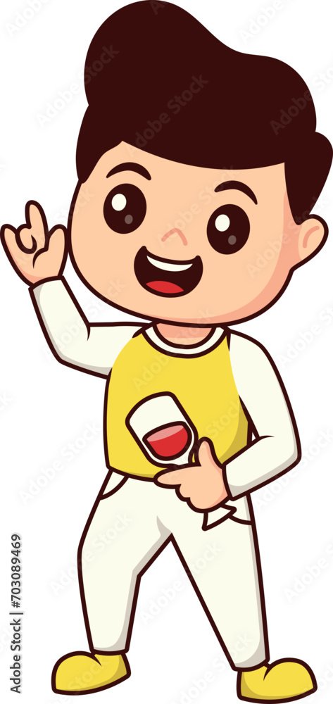Clip Art Male Character Holding Drinking Glass in New Year's Party, Little Boy Fun Dancing with Happy Expression Clip Art Male Character Holding Drinking Glass in New Year's Party, Little Boy Fun Dancing with Happy Expression