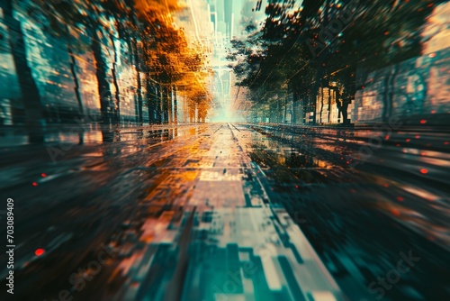 Dynamic urban street scene with motion blur  capturing the vibrant energy of city life.  