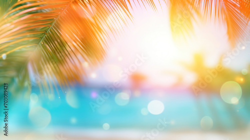 Sun flare through tropical palm leaves with a blurred pool background, vacation vibe.