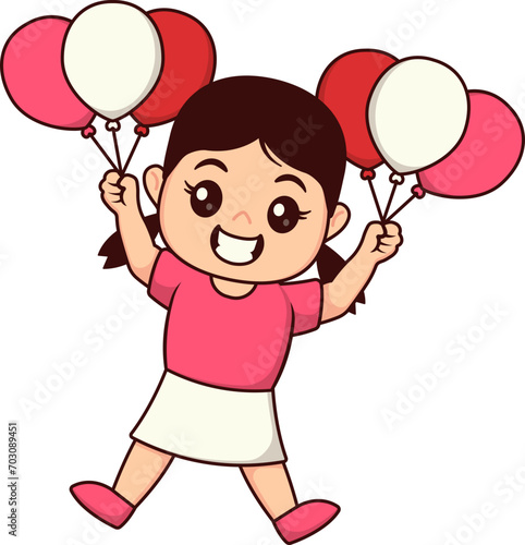 Clip Art Cute Girl Character Excited to Play Balloons in New Year Party Activity, Little Kids with Jumping Gesture