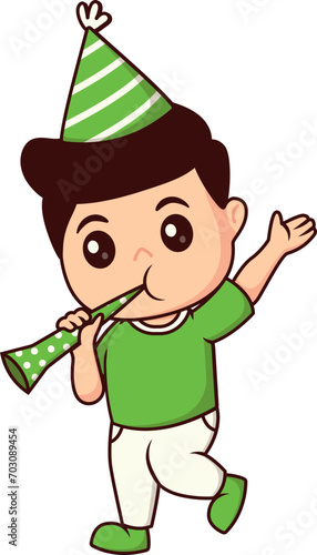 Clip Art Cute Kids Character Celebrate Birthday Party, Little Boy Waving Hand, Blowing Trumpets and wearing Party Hat