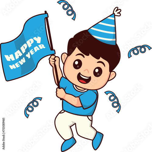 Clip Art Cute Kids Character holding New Year's Flag with Party Hat, Little Boy Excited Celebrate New Year's Eve 2024
