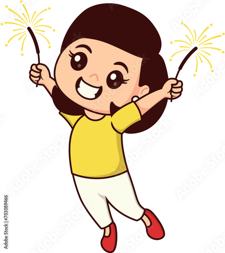 Clip Art Cute Girl Character Playing Fireworks in New Year's Eve 2024, Little Kids with Jumping Gesture