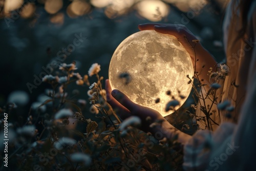A person cradles a glowing orb resembling the moon amidst a twilight field, emanating tranquility.

