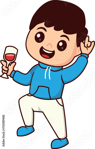 Cute Kids Character Holding Glass Greetings Happy New Year's Eve 2024, Little Boy with Cheerful Holiday Expression