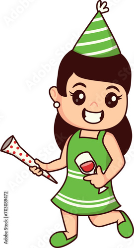 Female Character with Drinking Glass and Trumpet in New Year's Party Activity, Happy Little Kids wearing Party Hat photo