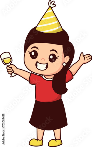 Clip Art Cute Girl Character with Drinking Glass in New Year's Party Activity, Happy Little Kids wearing Party Hat