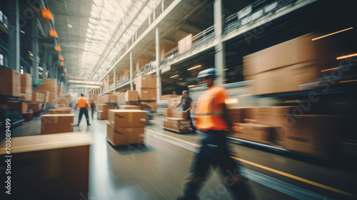 A bustling warehouse scene captured with motion blur to showcase active logistics. © tashechka