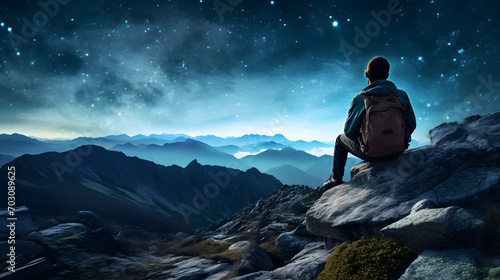 Male climber sitting on a mountain rock To look at the stars in the sky, the Milky Way.