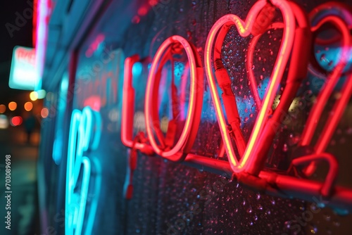Neon love sign on wet city street, vibrant colors reflected on rainy surface, night-time romance theme

