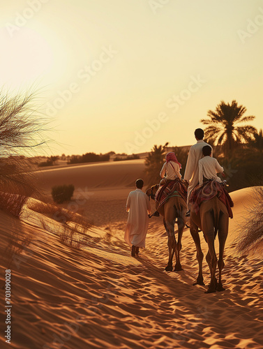 A Photo Of A Caucasian Family Enjoying A Camel Ride In The Deserts Of Dubai