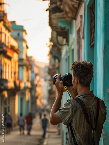 A Photo Of A Hispanic Male Photographer Capturing The Vibrant Streets Of Havana Cuba