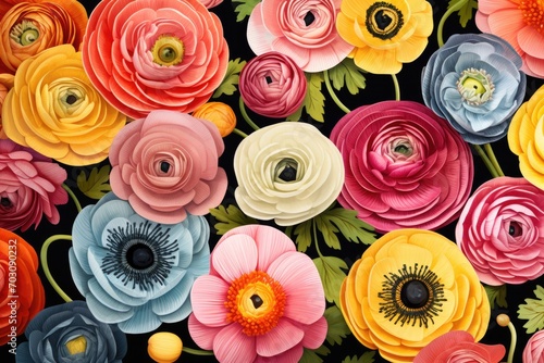Painted Ranunculus Floral Pattern Art for Retro Fashion Design Greeting Card Garden Textile Flower Nature