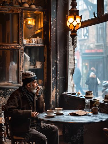 A Photo Of A Middle-Eastern Man Enjoying A Coffee In A Quaint Café In Bruges Belgium