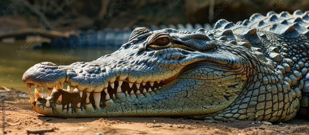 Fototapeta premium Open-mouthed crocodile displaying its large teeth while resting on the ground.