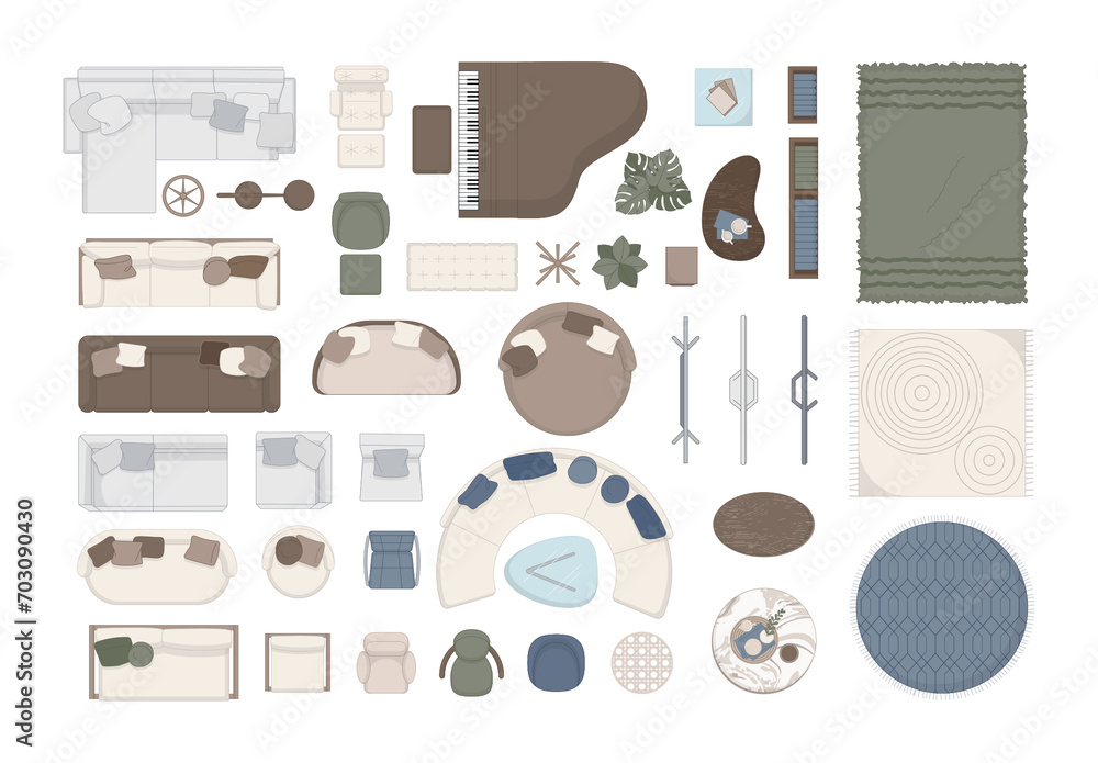 Living Room Floor Plan Kit Top View Elements for Floorplan Design Stock