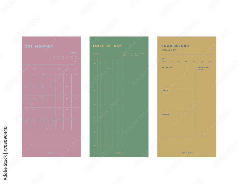 (fun) set of one monthly and times of day and food record planner. (fun) set of one monthly and times of day and food record planner.