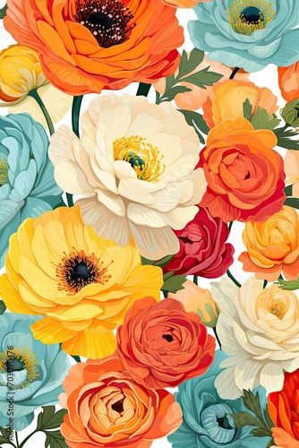 Vintage Ranunculus Flowers Pattern Art for Retro Fashion Design Greeting Card Garden Textile Floral Nature Painting 