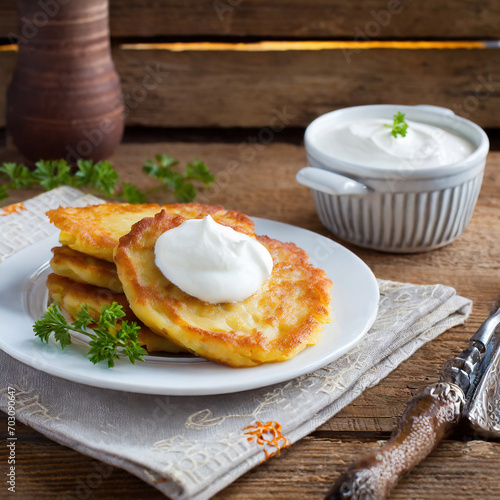 A plate of Polish placki ziemniaczane potato pancakes served with a dollop of sour cream in a rustic setting.