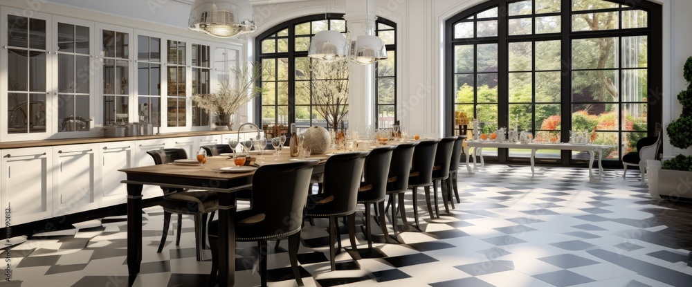 Glamorous and spacious kitchen with black and white furniture, many big windows and with stylish dining table for eight